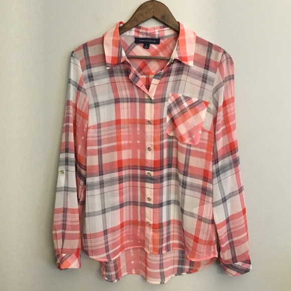 Tommy Hilfiger Button-Down Sheer Plaid With Roll Tabs Sleeves Size M NWOT - Picture 2 of 13